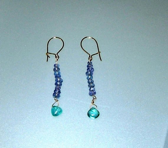 Tanzanite & Neon Apatite Dangle Earrings in 14kt Yellow Gold - Gems by Gigi