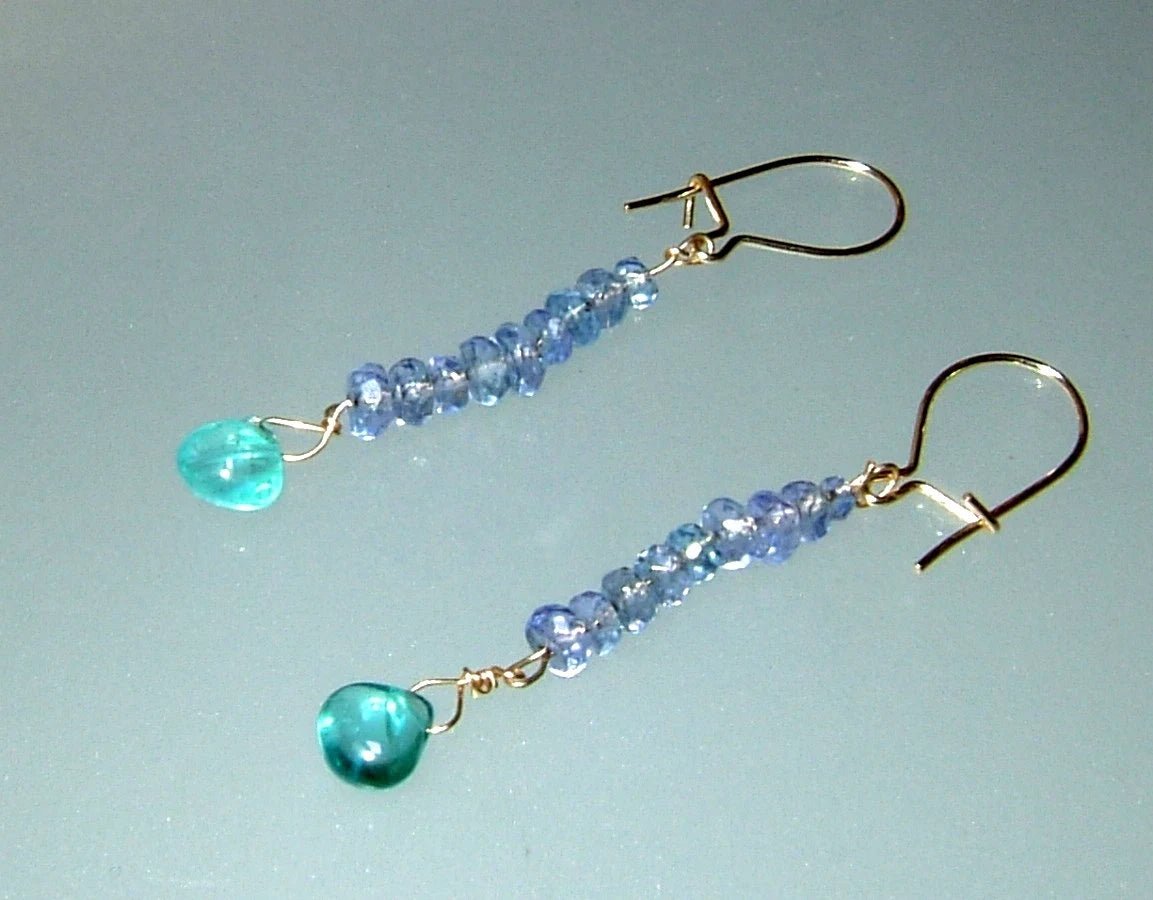 Tanzanite & Neon Apatite Dangle Earrings in 14kt Yellow Gold - Gems by Gigi