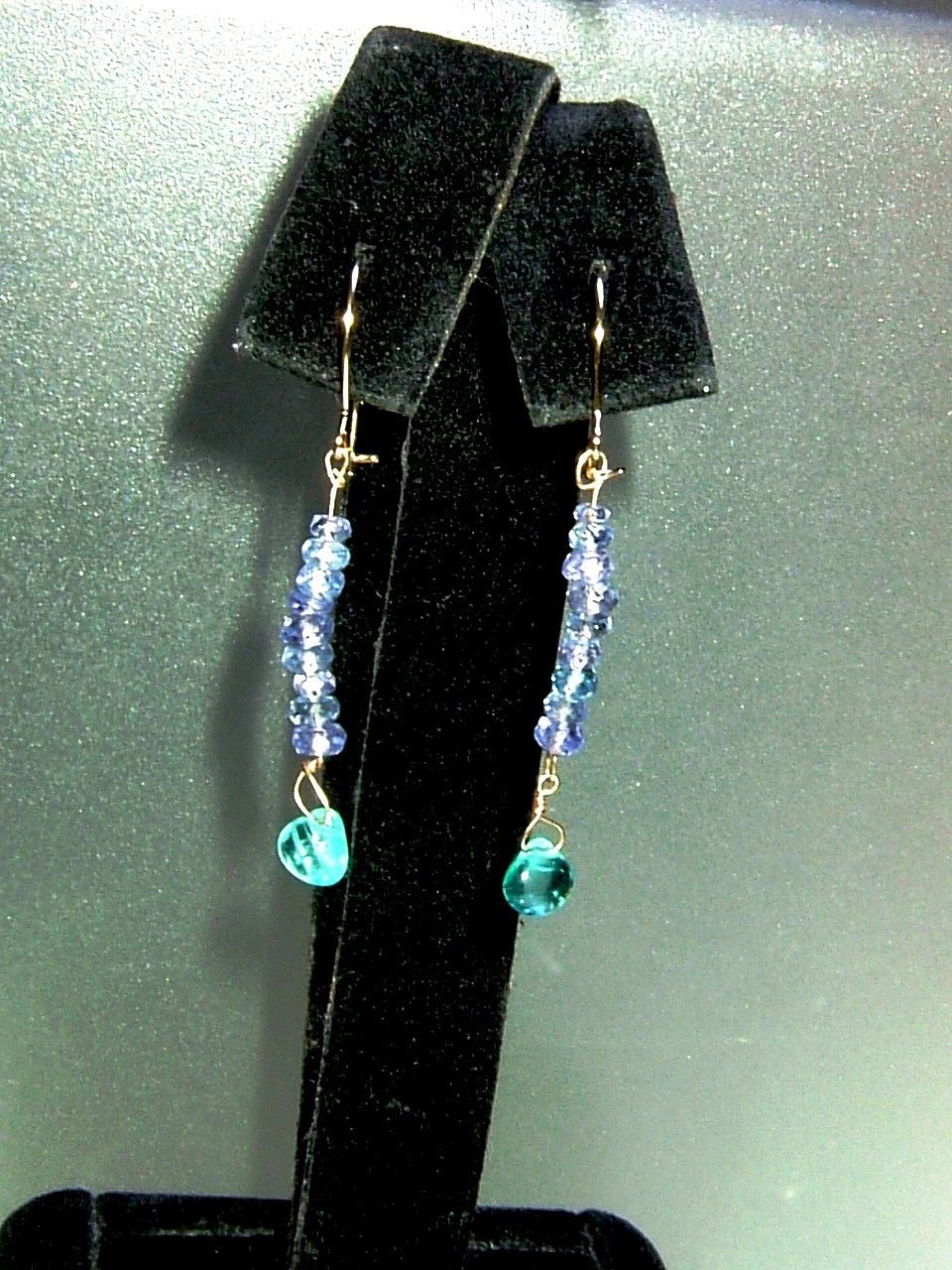 Tanzanite & Neon Apatite Dangle Earrings in 14kt Yellow Gold - Gems by Gigi