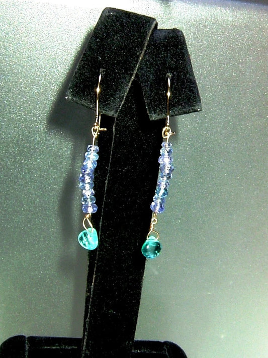 Tanzanite & Neon Apatite Dangle Earrings in 14kt Yellow Gold - Gems by Gigi