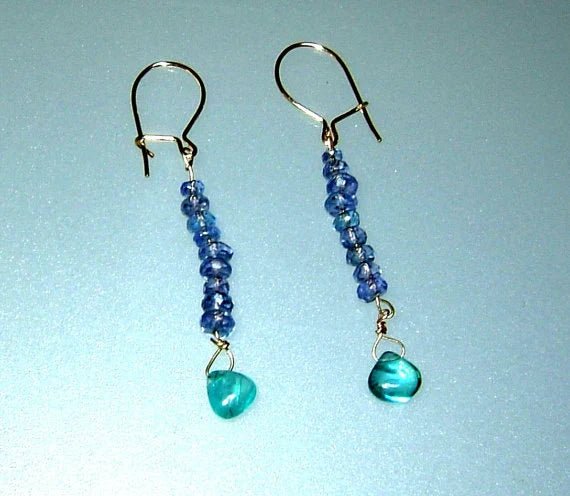 Tanzanite & Neon Apatite Dangle Earrings in 14kt Yellow Gold - Gems by Gigi