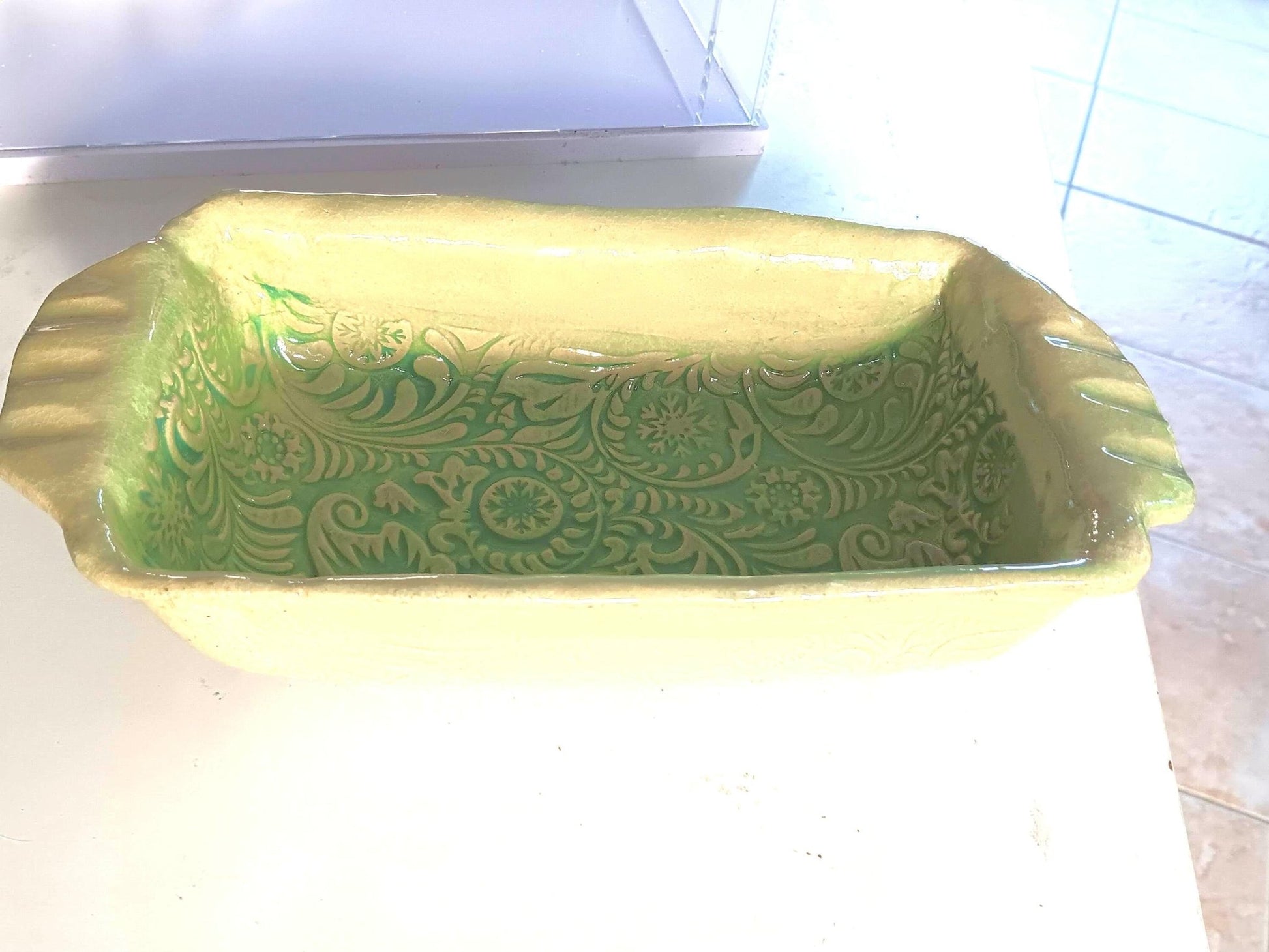 Teal Ceramic Loaf Pan Snowflake Foliage Mold Dish - Gems by Gigi