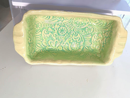Teal Ceramic Loaf Pan Snowflake Foliage Mold Dish - Gems by Gigi