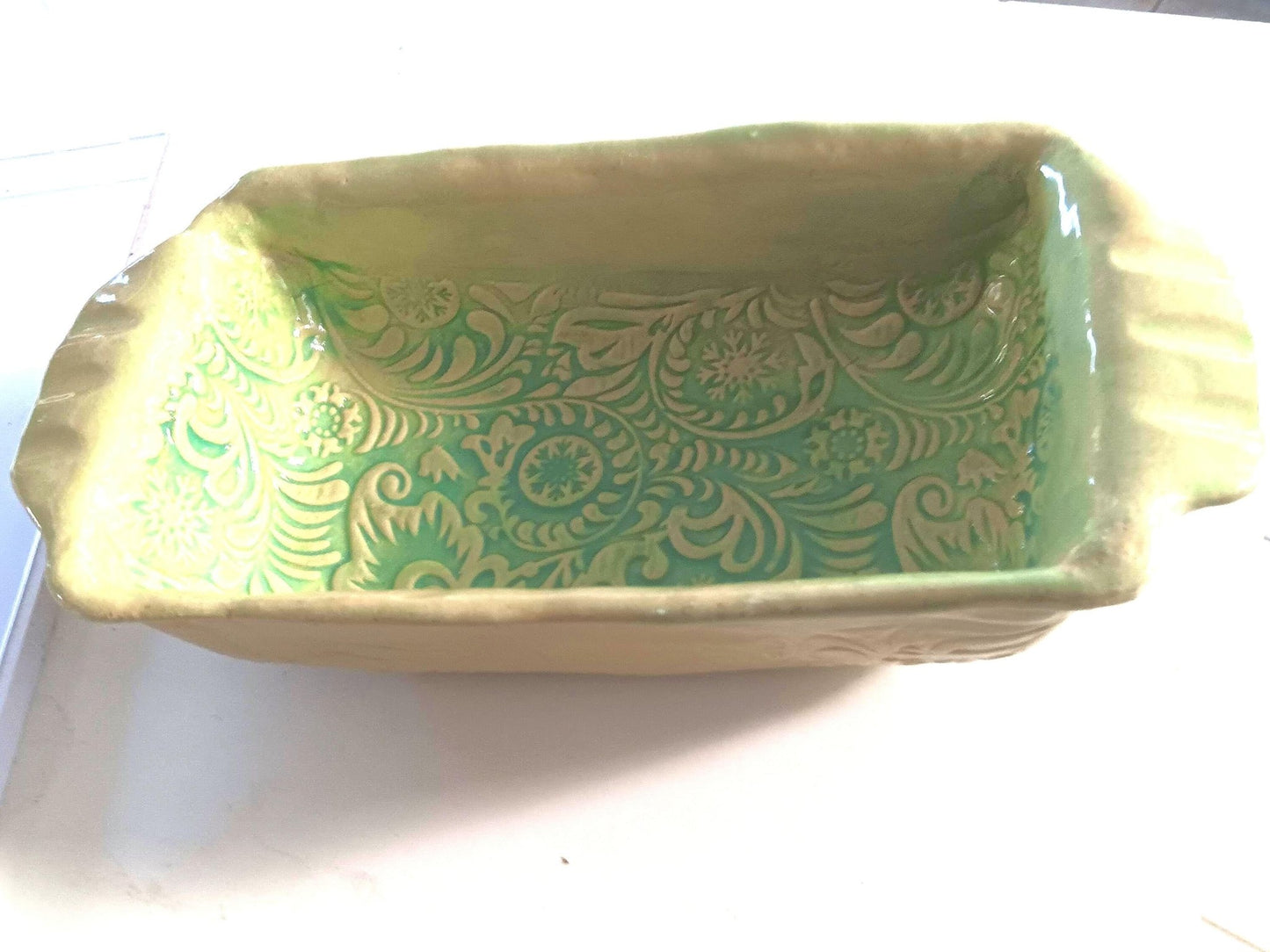 Teal Ceramic Loaf Pan Snowflake Foliage Mold Dish - Gems by Gigi