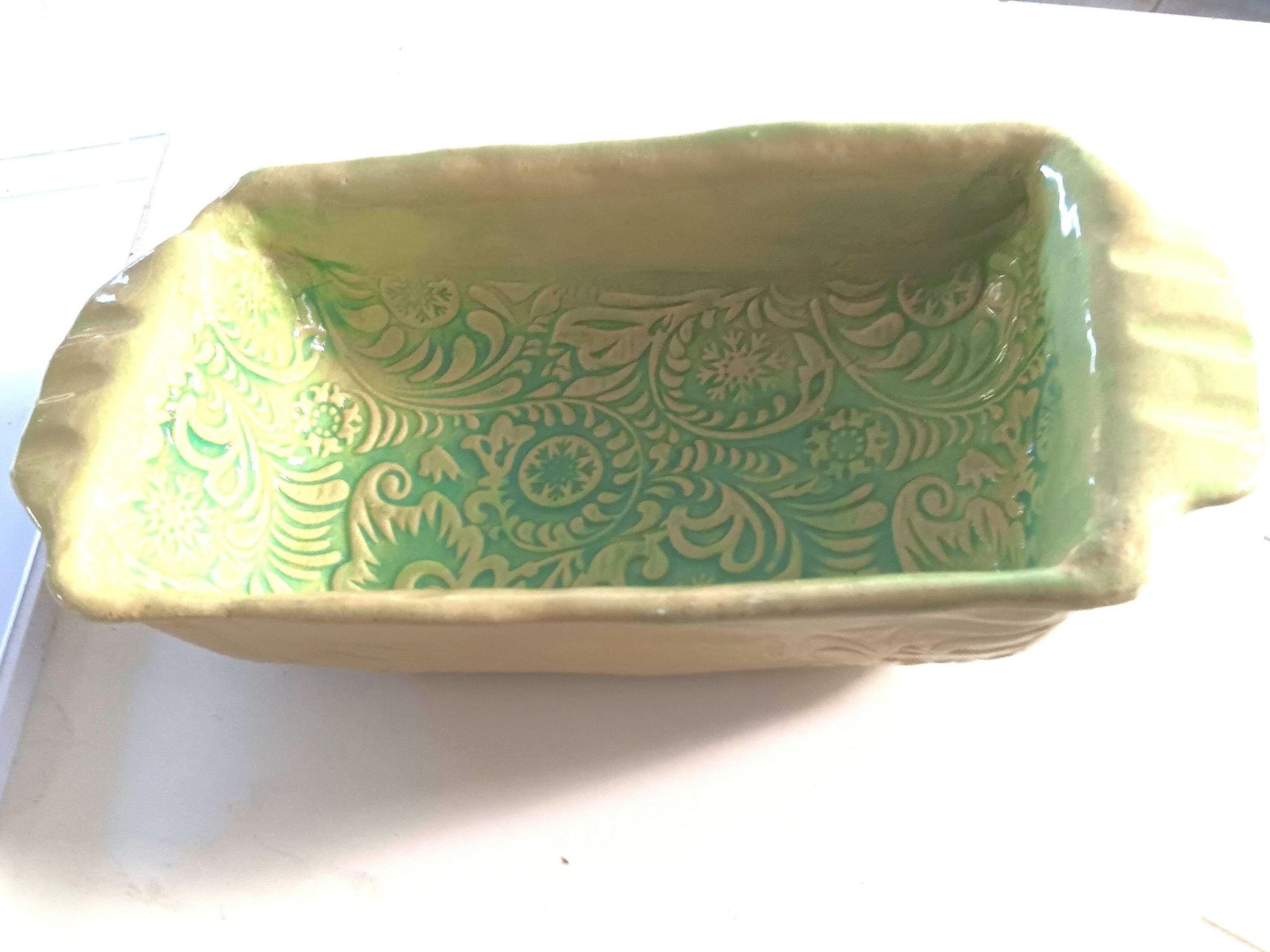 Teal Ceramic Loaf Pan Snowflake Foliage Mold Dish - Gems by Gigi