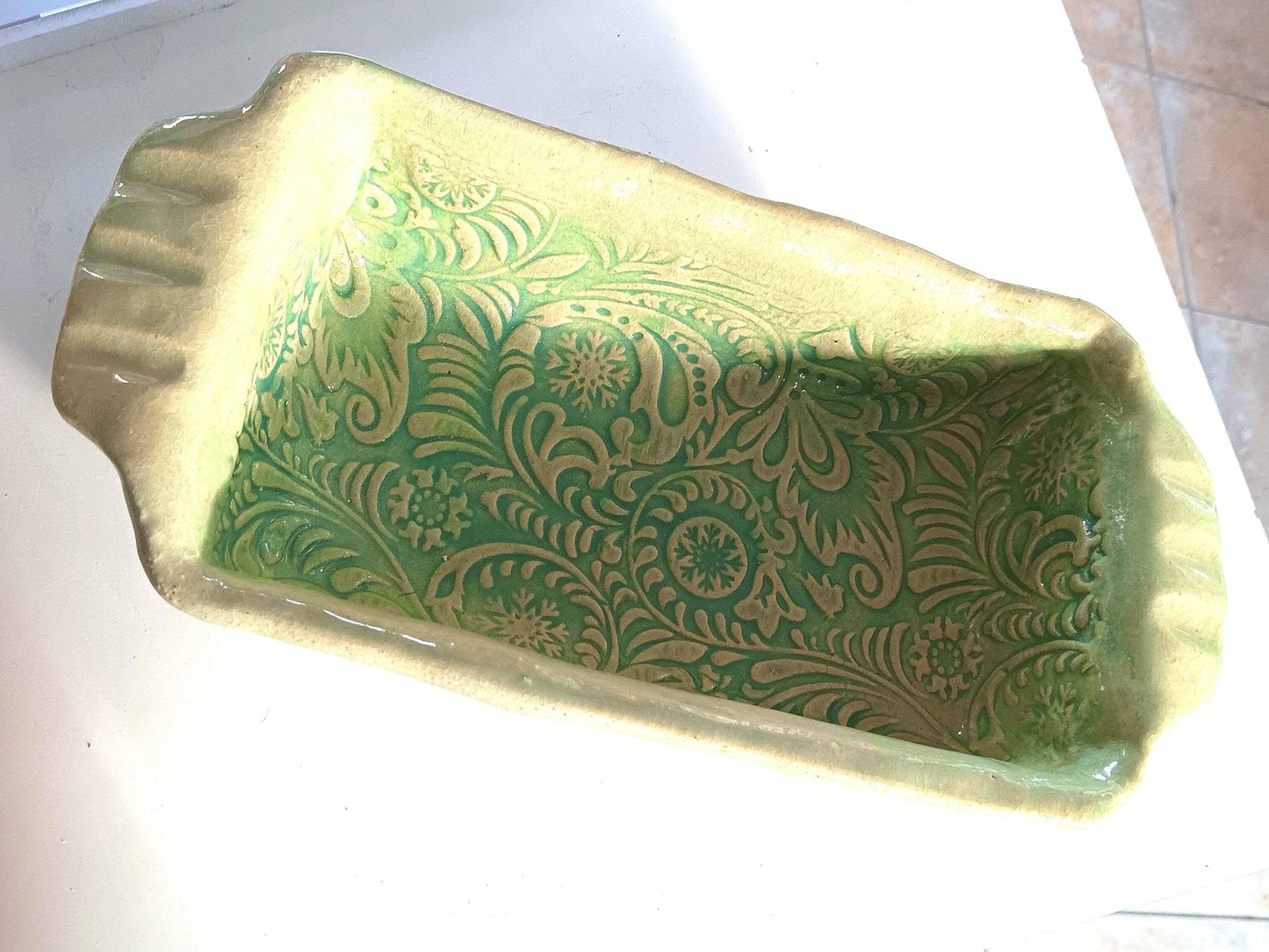 Teal Ceramic Loaf Pan Snowflake Foliage Mold Dish - Gems by Gigi