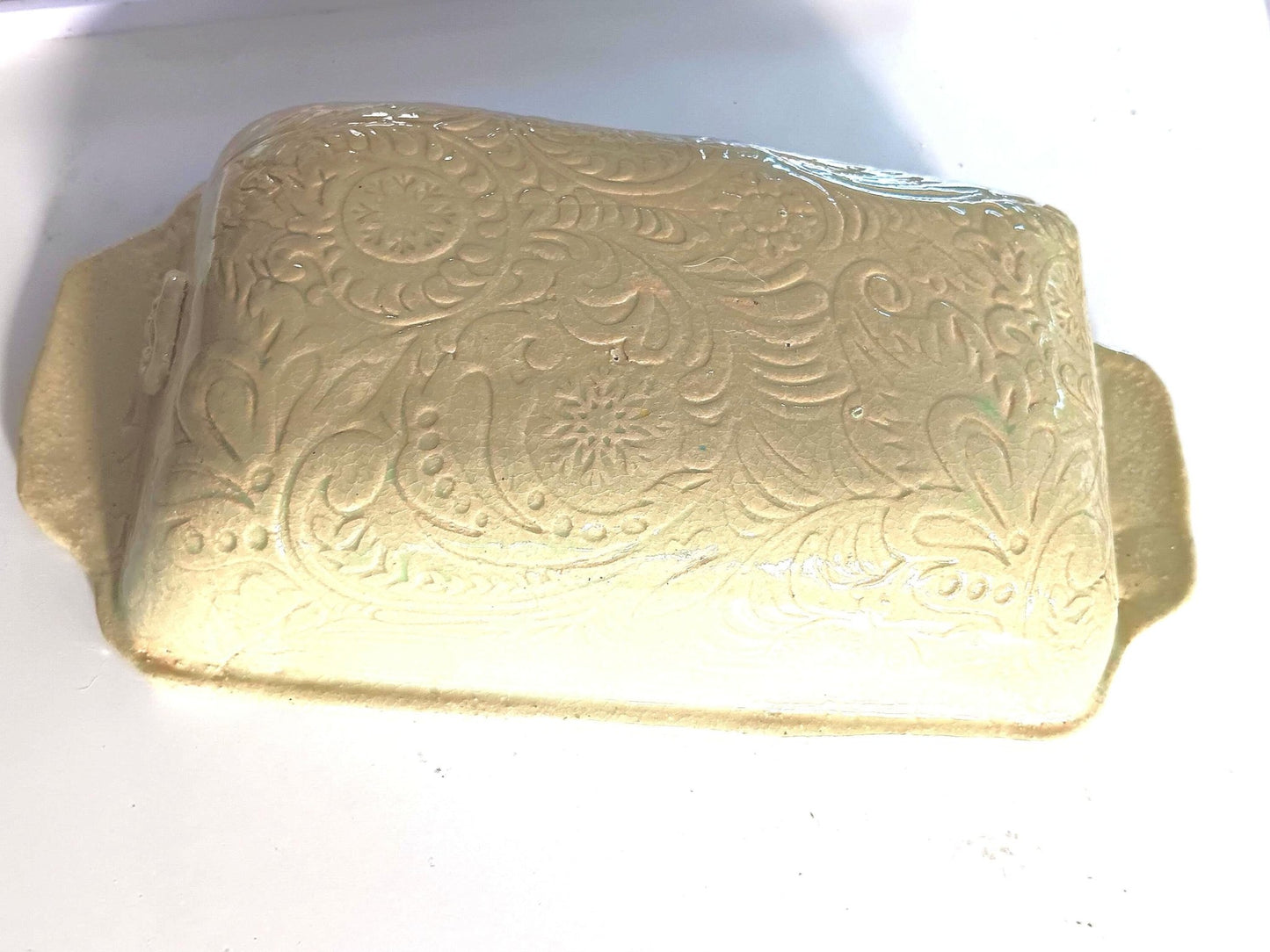 Teal Ceramic Loaf Pan Snowflake Foliage Mold Dish - Gems by Gigi