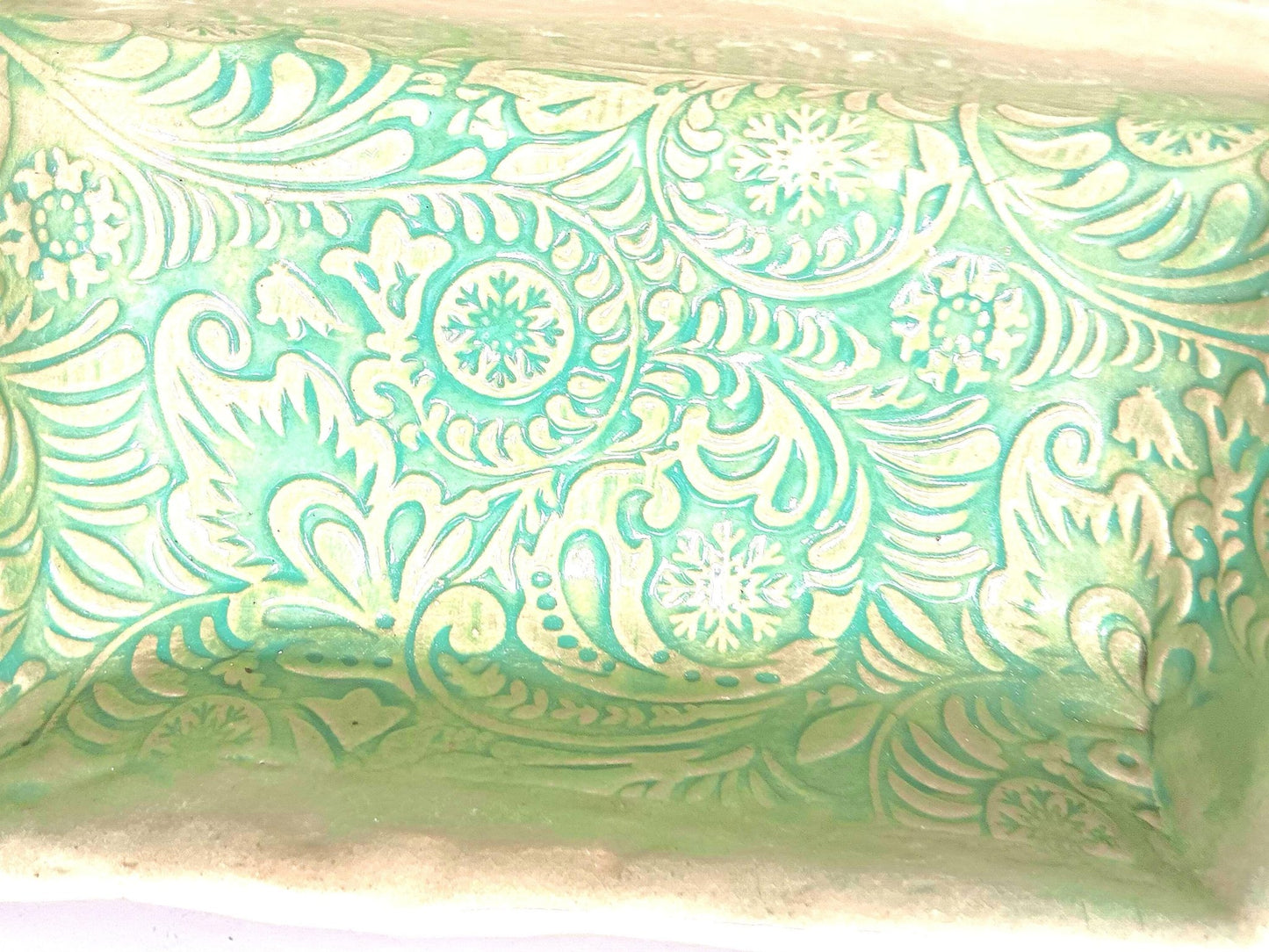 Teal Ceramic Loaf Pan Snowflake Foliage Mold Dish - Gems by Gigi