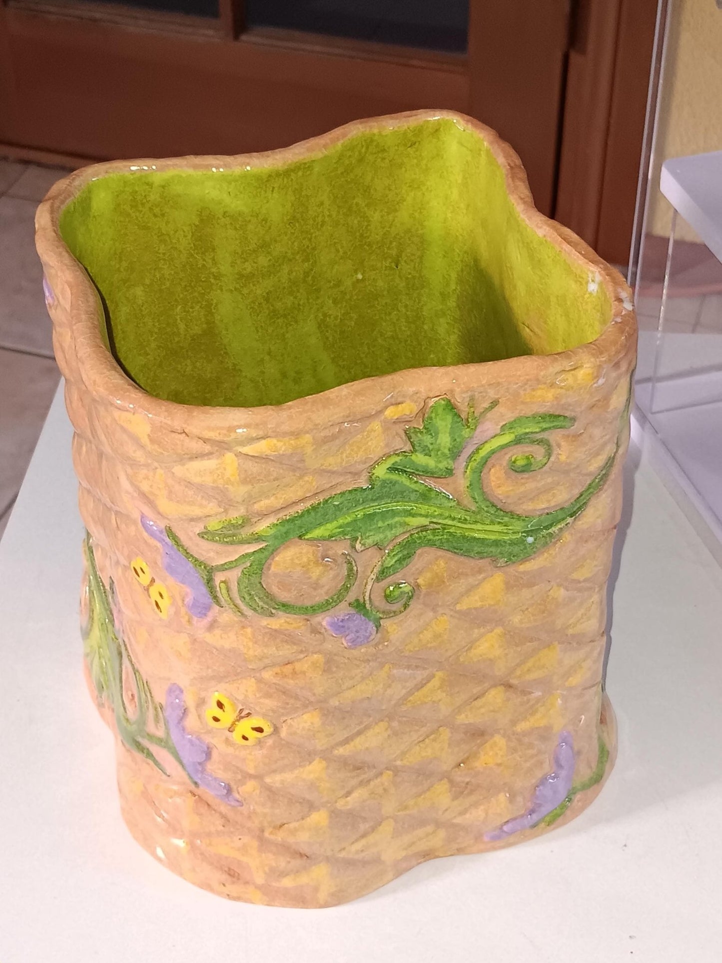 Textured Ceramic Bin Yellow Butterflies Purple Flowers - Gems by Gigi