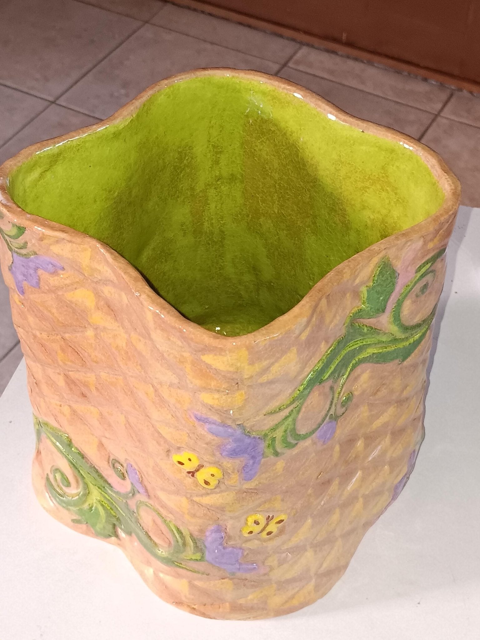 Textured Ceramic Bin Yellow Butterflies Purple Flowers - Gems by Gigi