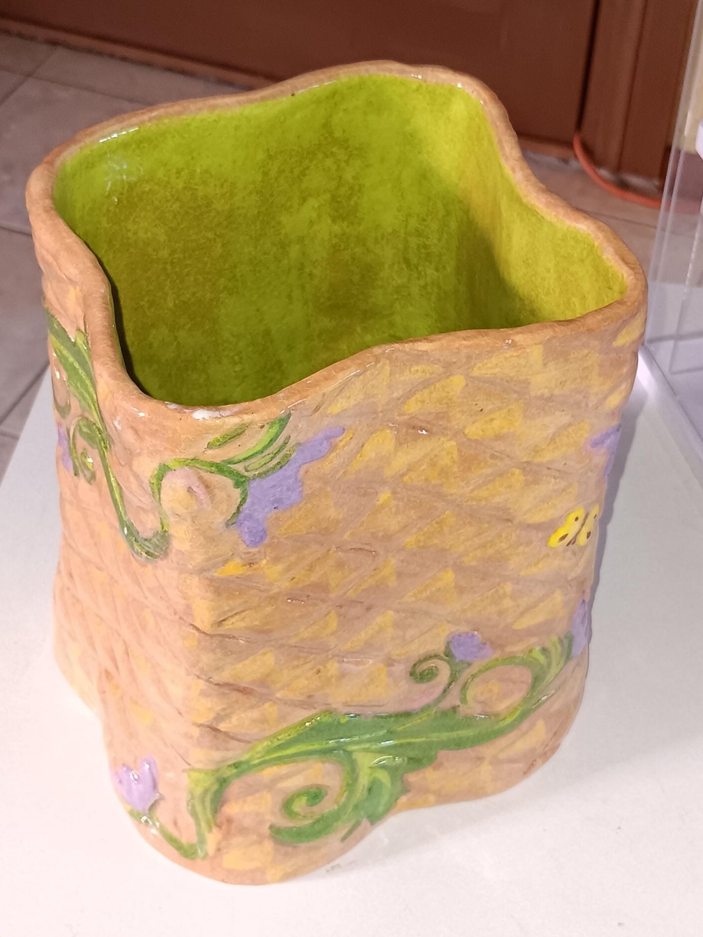 Textured Ceramic Bin Yellow Butterflies Purple Flowers - Gems by Gigi