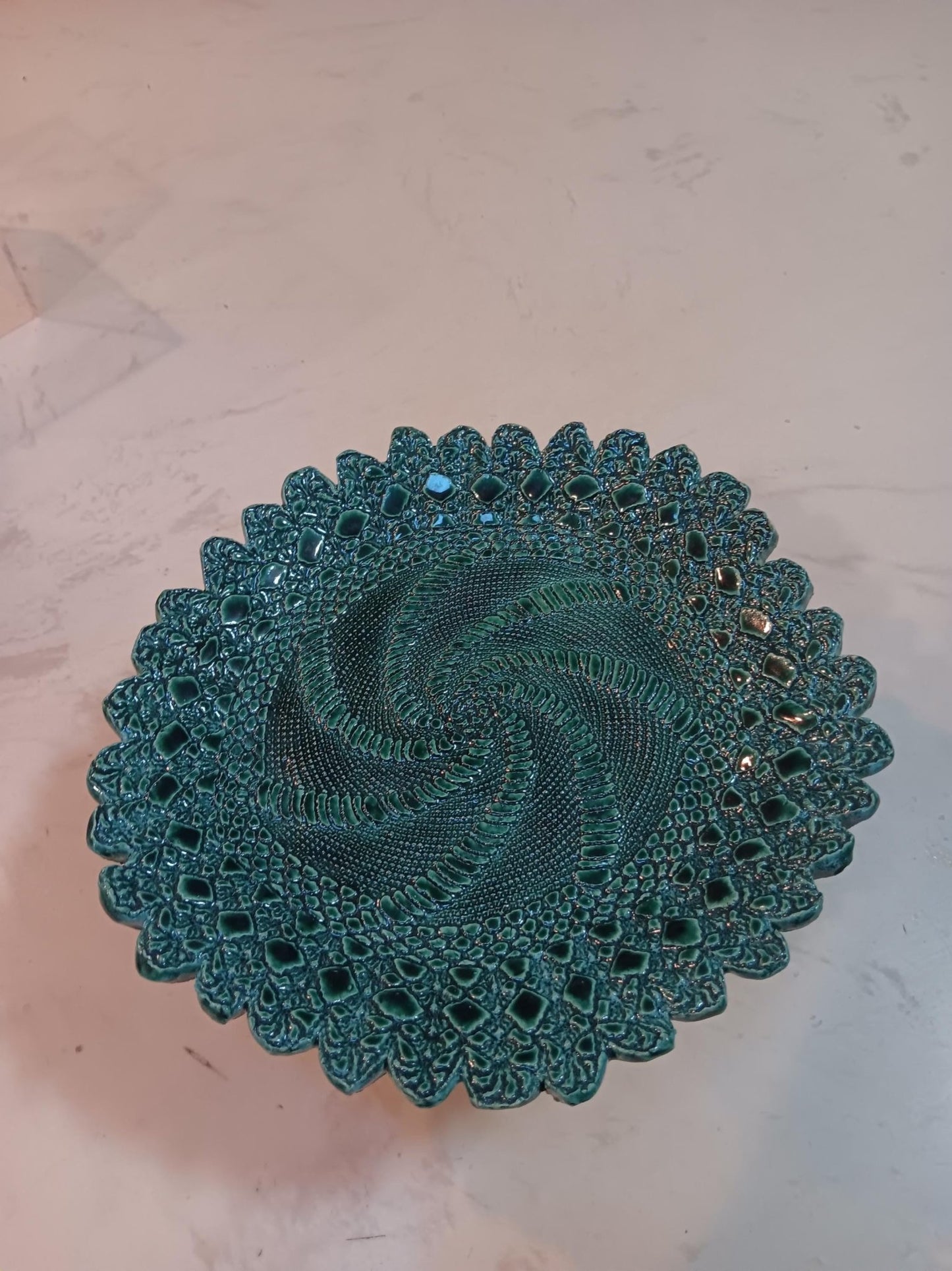 Textured Swirl Ceramic Plate Handmade Teal Green - Gems by Gigi