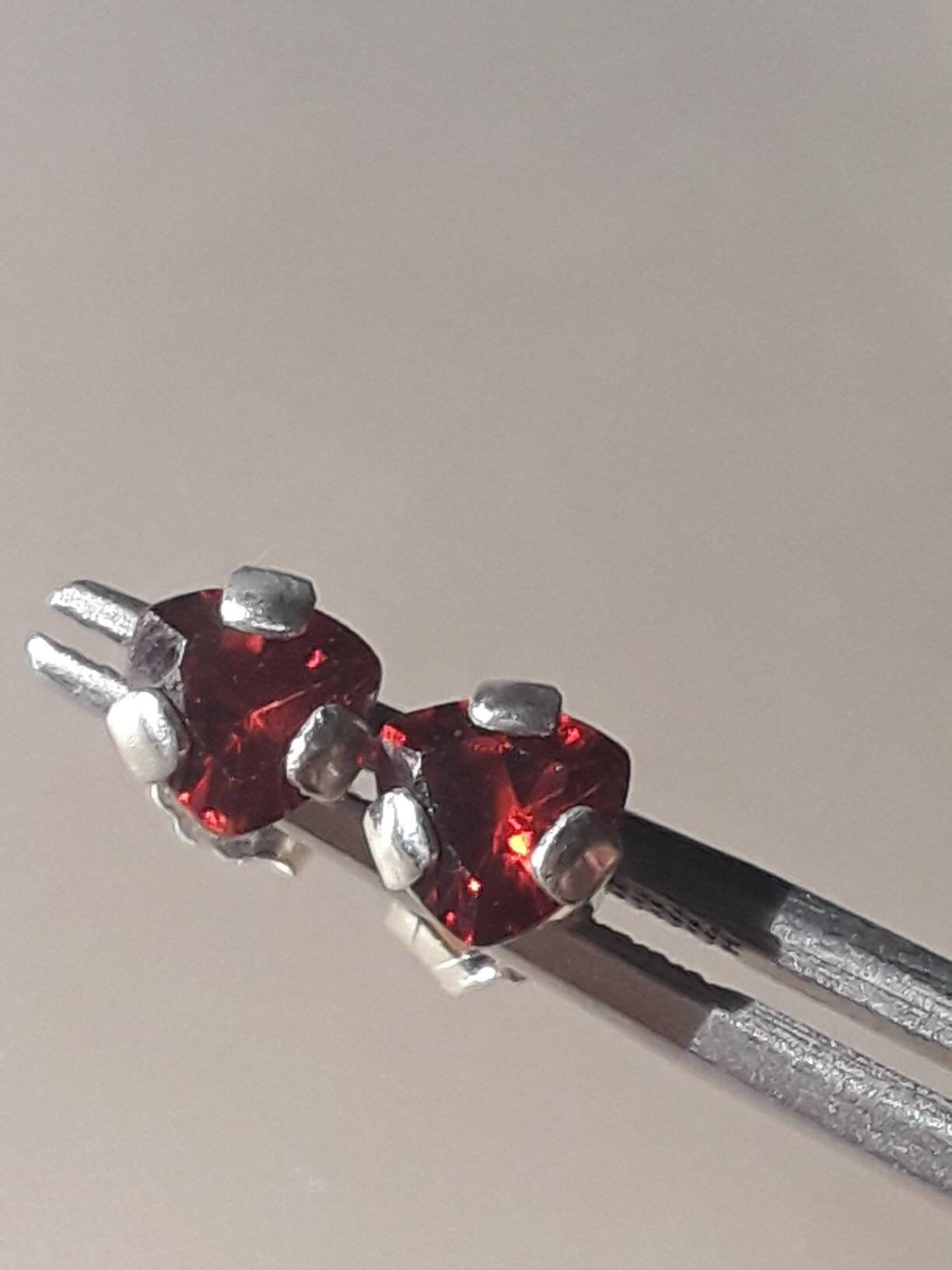 Trillion Garnet Stud Earrings Satin Finish Sterling Silver - Gems by Gigi