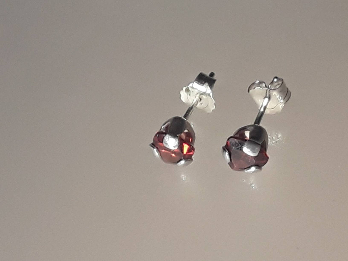 Trillion Garnet Stud Earrings Satin Finish Sterling Silver - Gems by Gigi