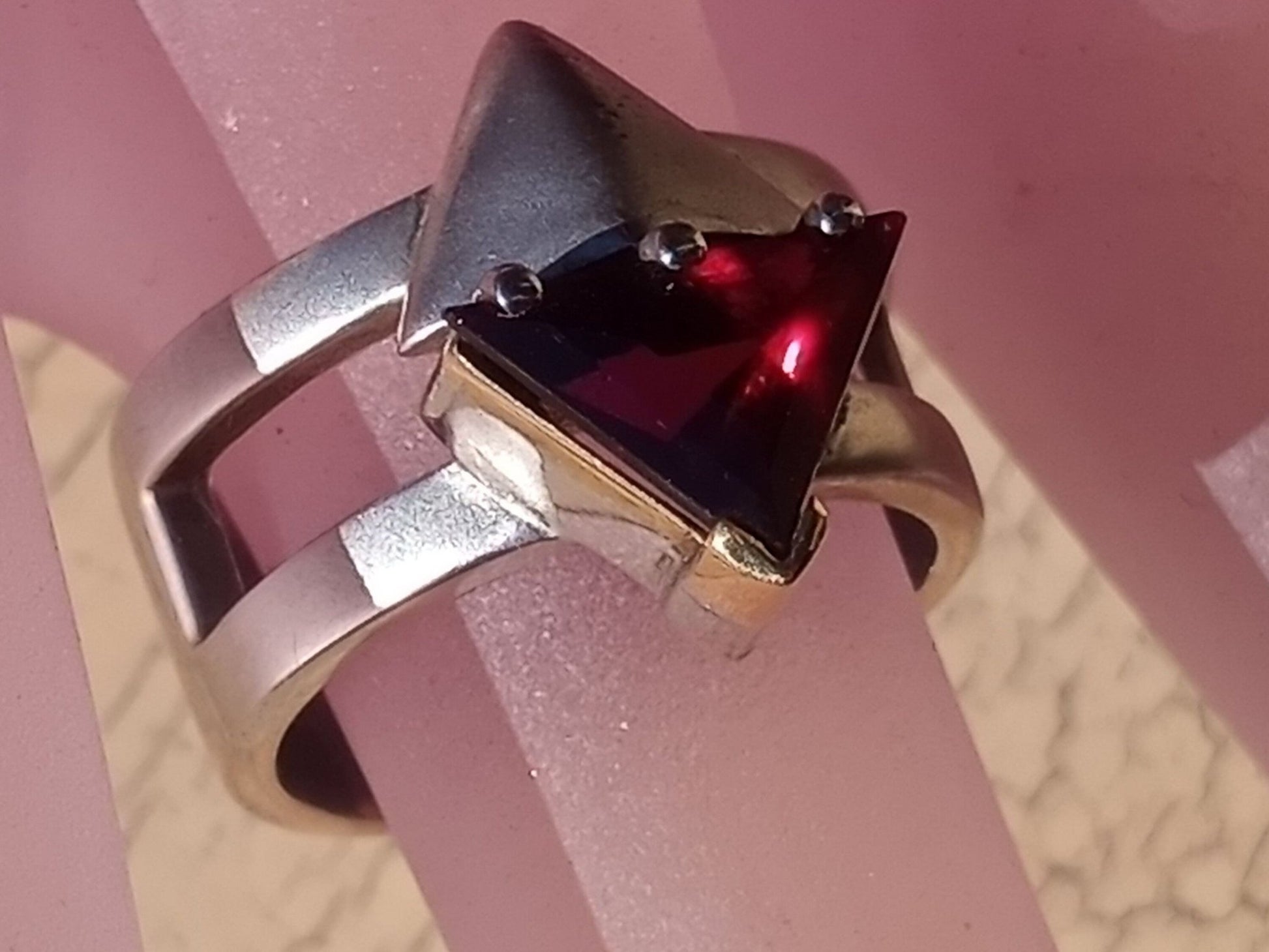 Trillion Rubellite Arrow Band Ring Sterling Silver 18kt - Gems by Gigi
