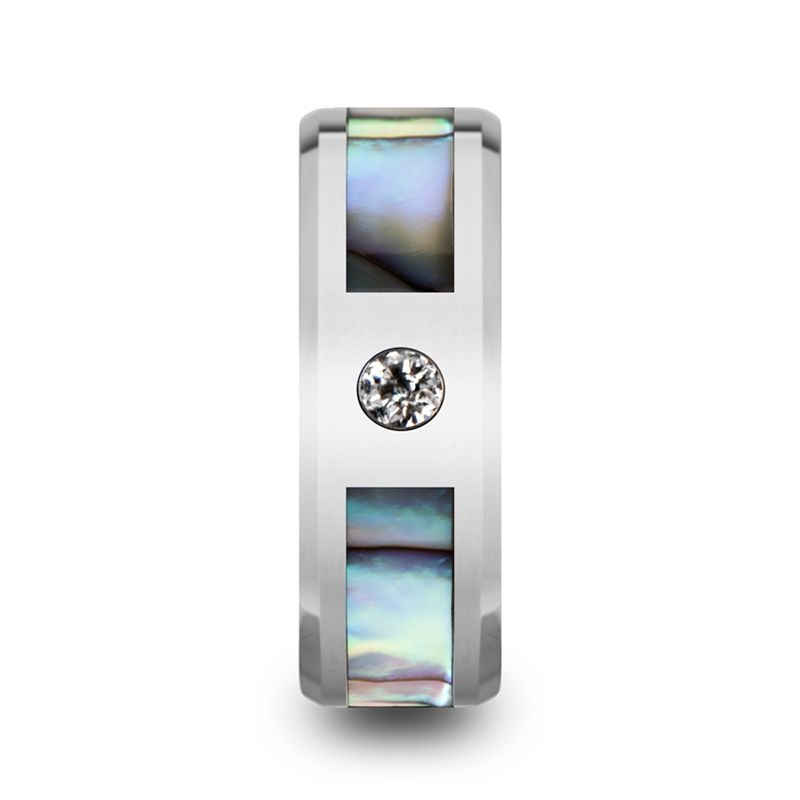 Tungsten Carbide Mens Diamond Wedding Band Mother of Pearl Inlay Ring HONOLULU - Gems by Gigi