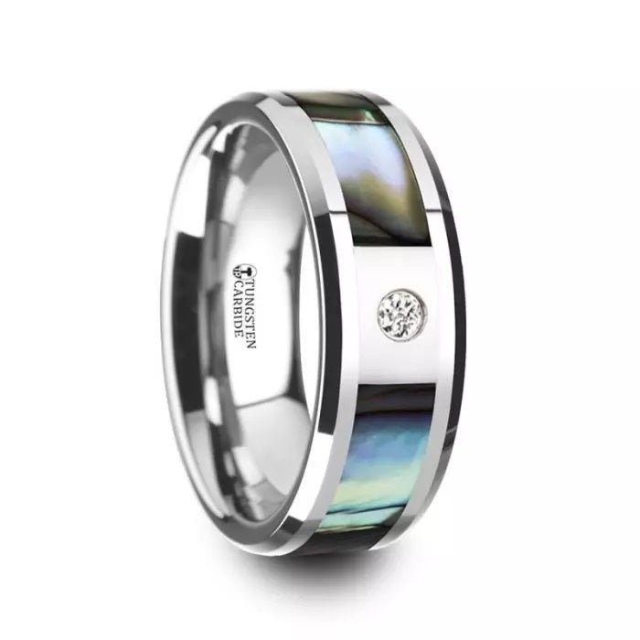 Tungsten Carbide Mens Diamond Wedding Band Mother of Pearl Inlay Ring HONOLULU - Gems by Gigi