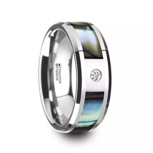 Tungsten Carbide Mens Diamond Wedding Band Mother of Pearl Inlay Ring HONOLULU - Gems by Gigi