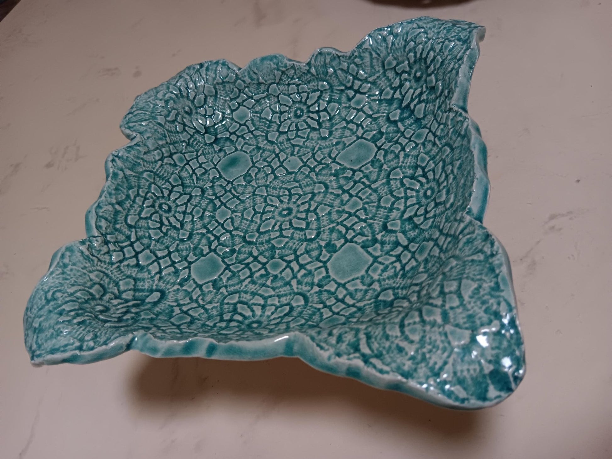 Turquoise Square Flower Textured Ceramic Plate Curved Edges - Gems by Gigi