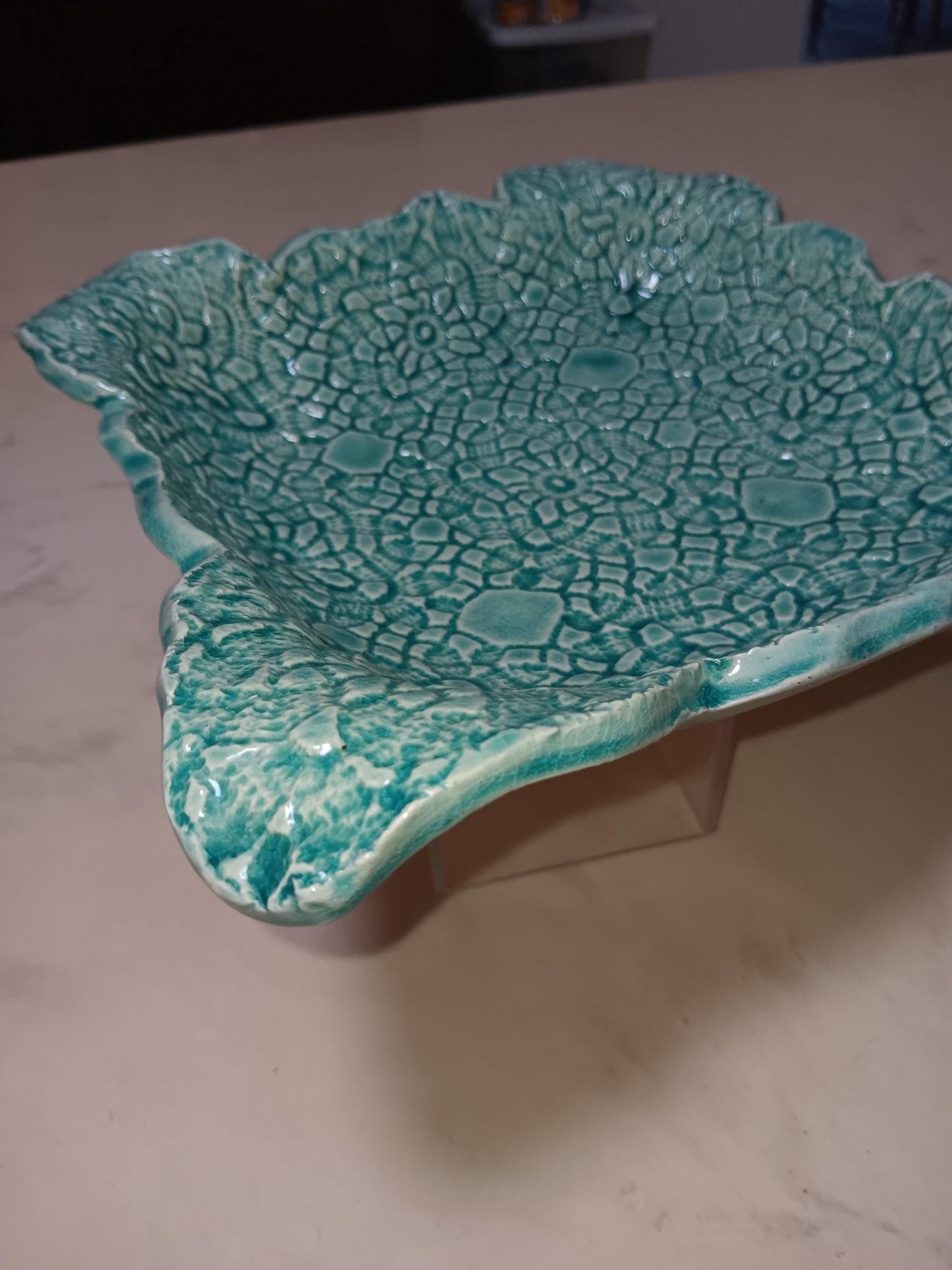 Turquoise Square Flower Textured Ceramic Plate Curved Edges - Gems by Gigi