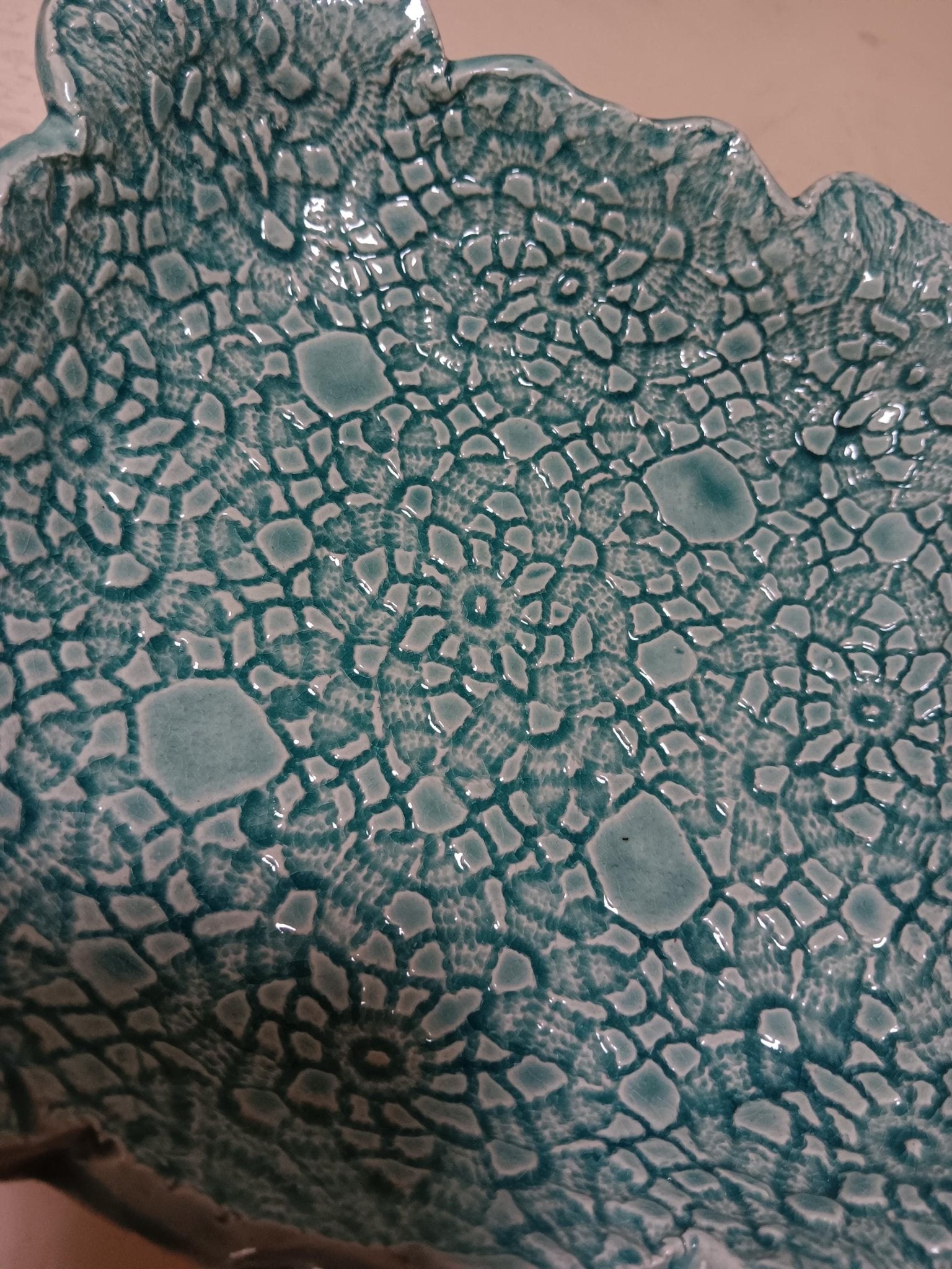 Turquoise Square Flower Textured Ceramic Plate Curved Edges - Gems by Gigi