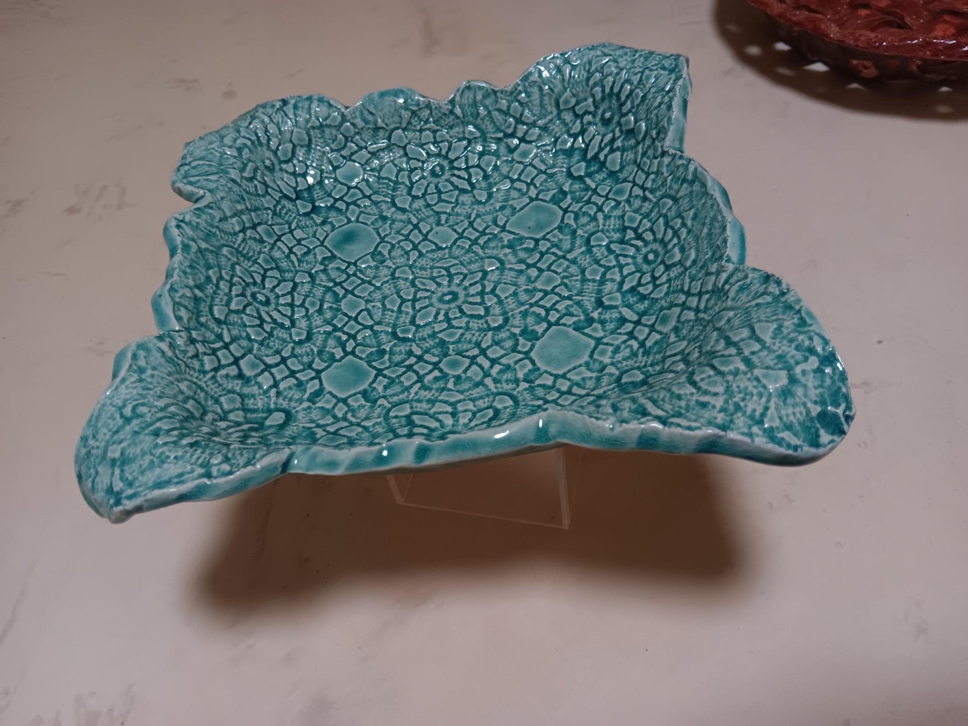 Turquoise Square Flower Textured Ceramic Plate Curved Edges - Gems by Gigi