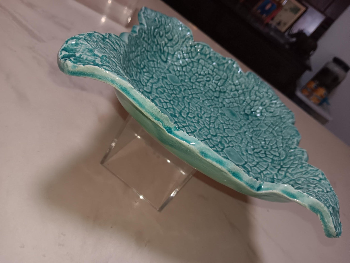 Turquoise Square Flower Textured Ceramic Plate Curved Edges - Gems by Gigi