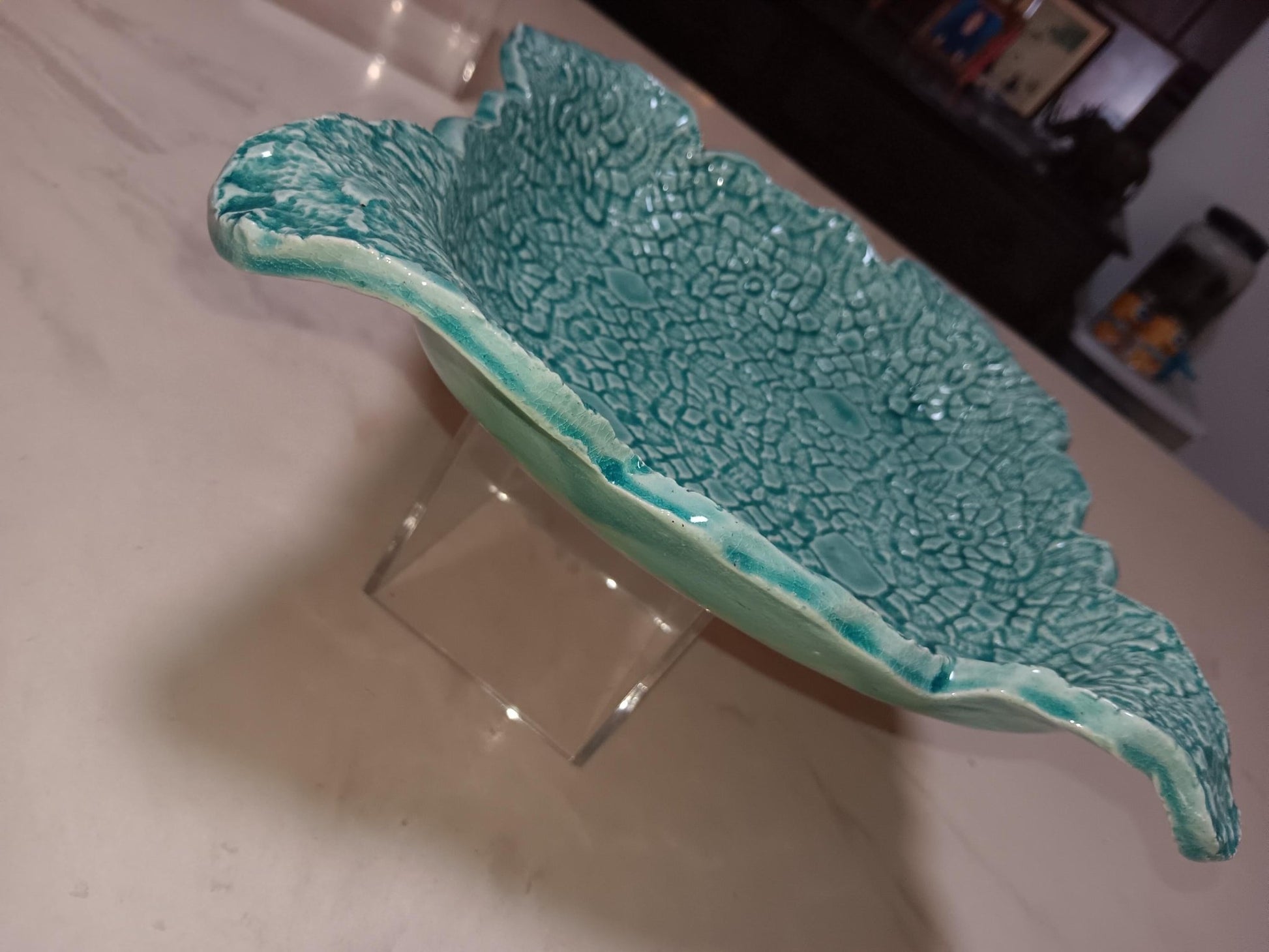 Turquoise Square Flower Textured Ceramic Plate Curved Edges - Gems by Gigi