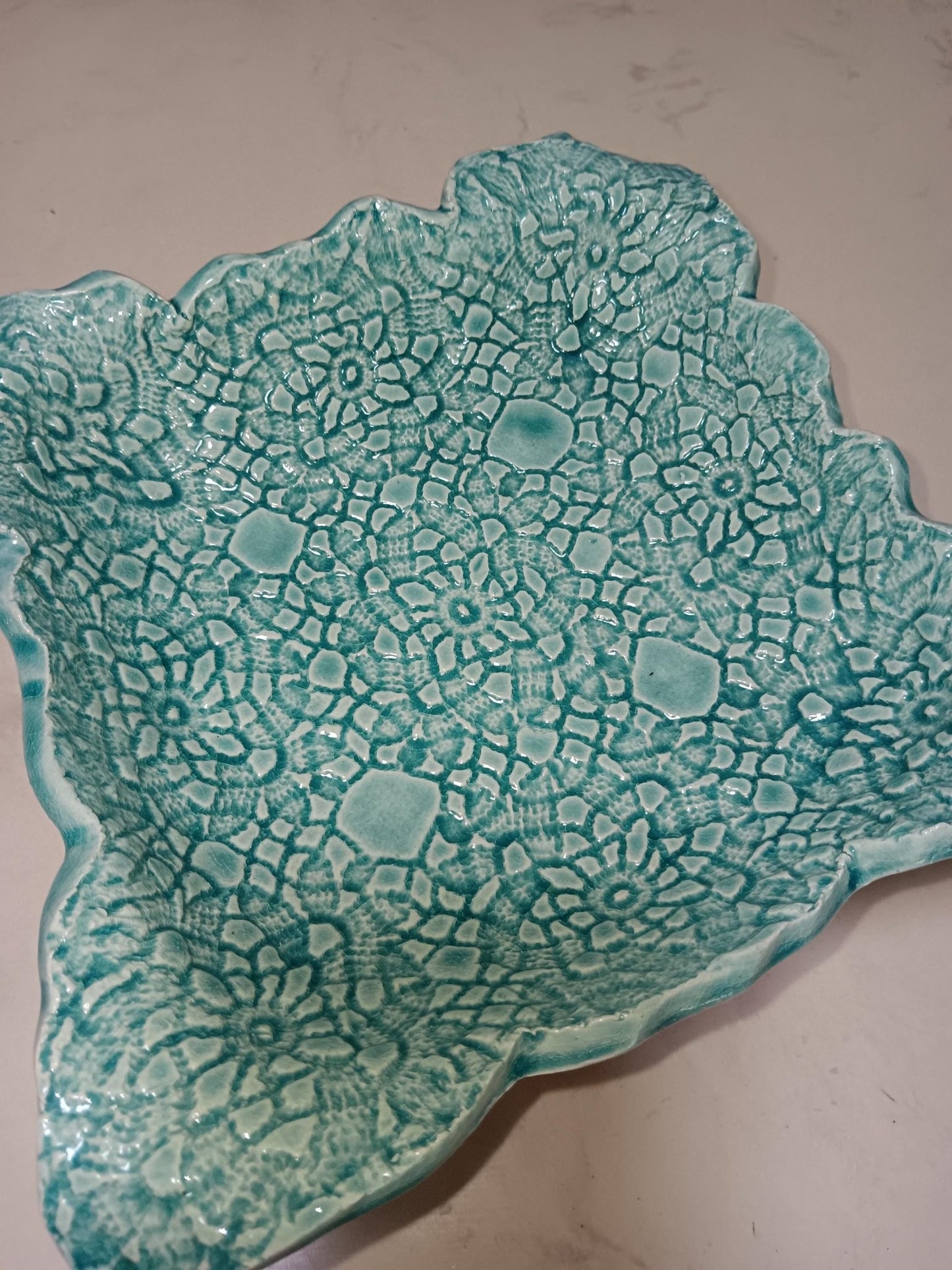 Turquoise Square Flower Textured Ceramic Plate Curved Edges - Gems by Gigi