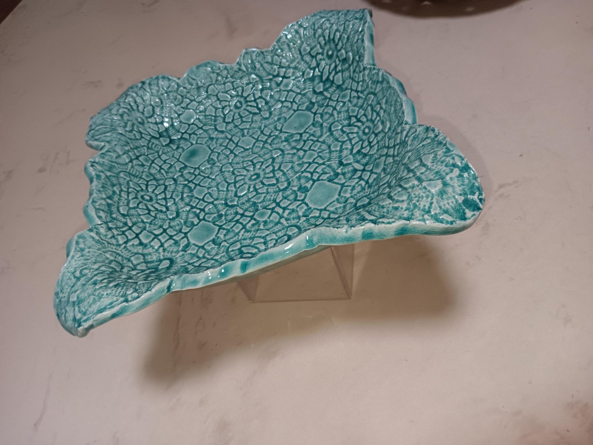 Turquoise Square Flower Textured Ceramic Plate Curved Edges - Gems by Gigi