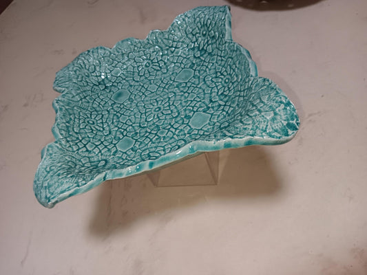 Turquoise Square Flower Textured Ceramic Plate Curved Edges - Gems by Gigi