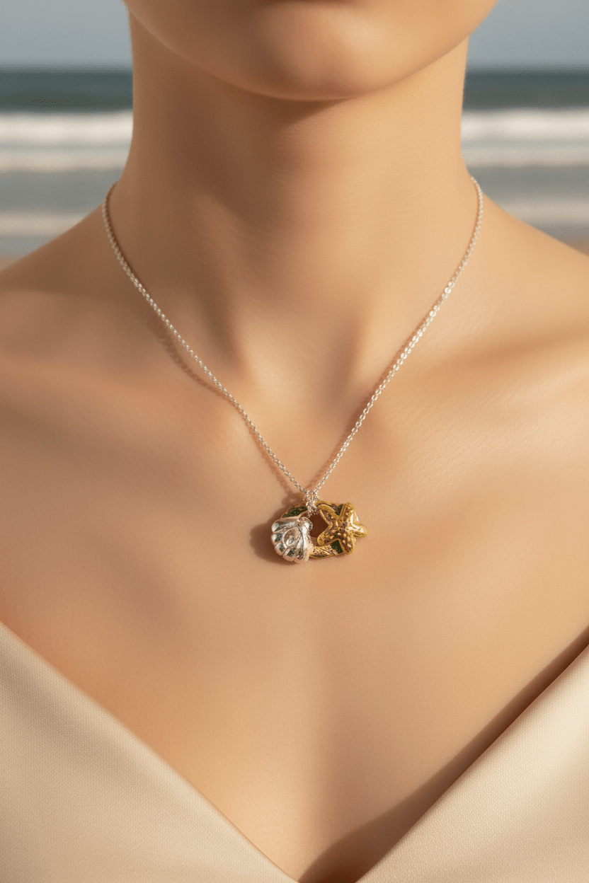 Two‑Tone Starfish Necklace Fine Silver 22kt Gold Accent 18″ Beach Inspired - Gems by Gigi
