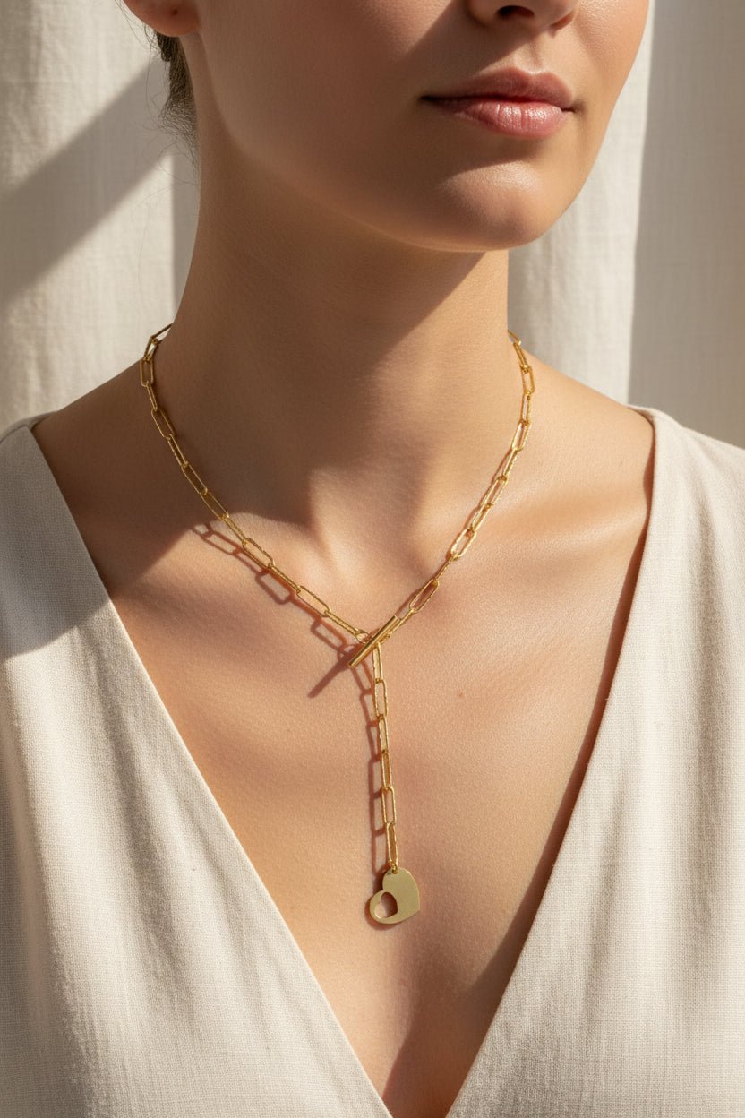 Vermeil Paperclip Heart Necklace with Toggle Chain - Gems by Gigi