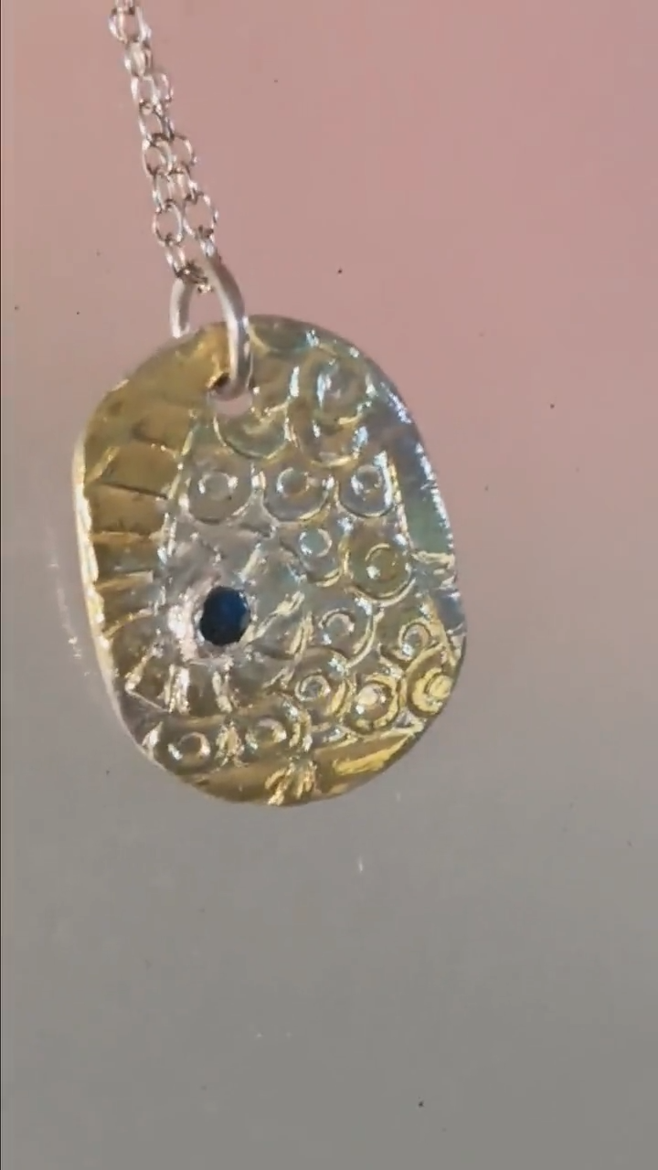 Ocean Inspired Sapphire Pendant Oval Textured Fine Silver 22kt Gold