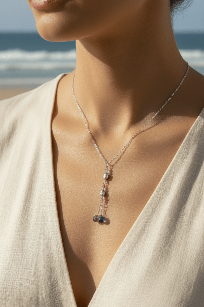 White Gold Garnet Labradorite Black Pearl Iolite Pendant 14kt - Gems by Gigi