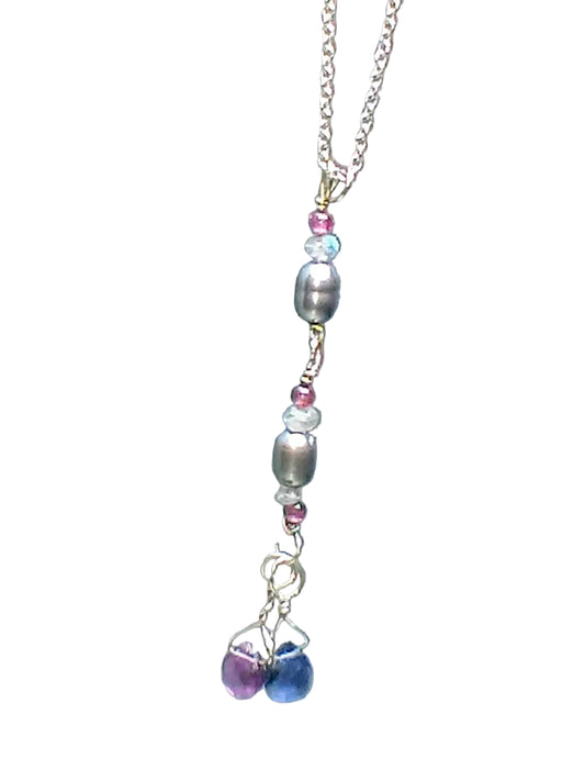 White Gold Garnet Labradorite Black Pearl Iolite Pendant 14kt - Gems by Gigi